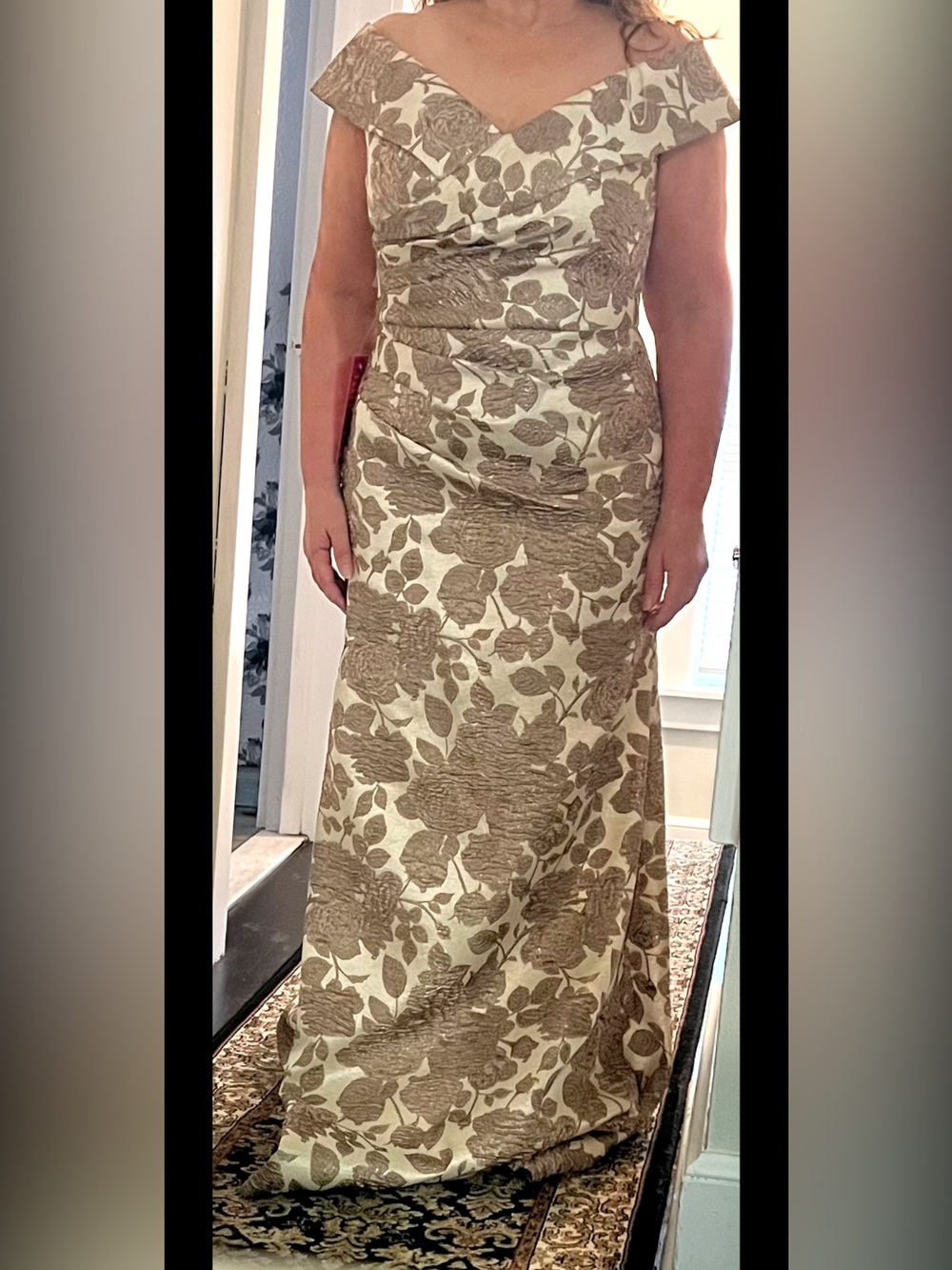Alex Evenings Cream and Brown Floral Off-Shoulder Maxi Skirt